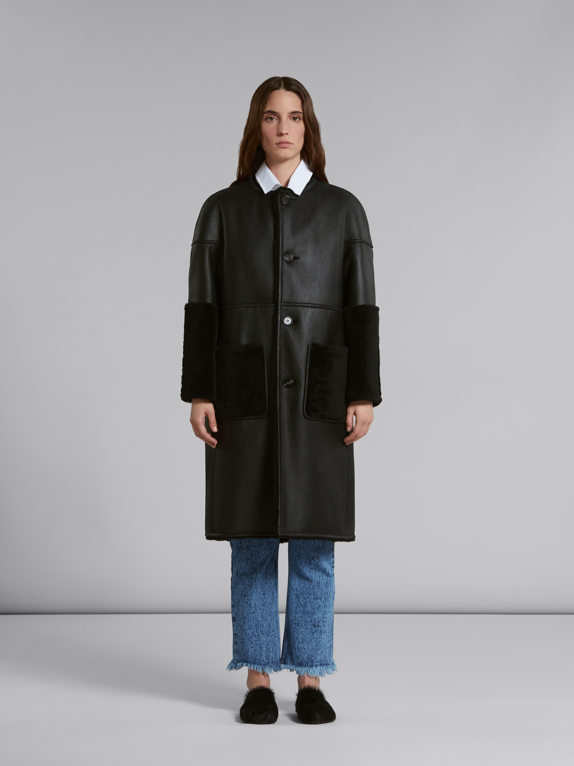 Black reversible shearling coat - Coat - Image 2