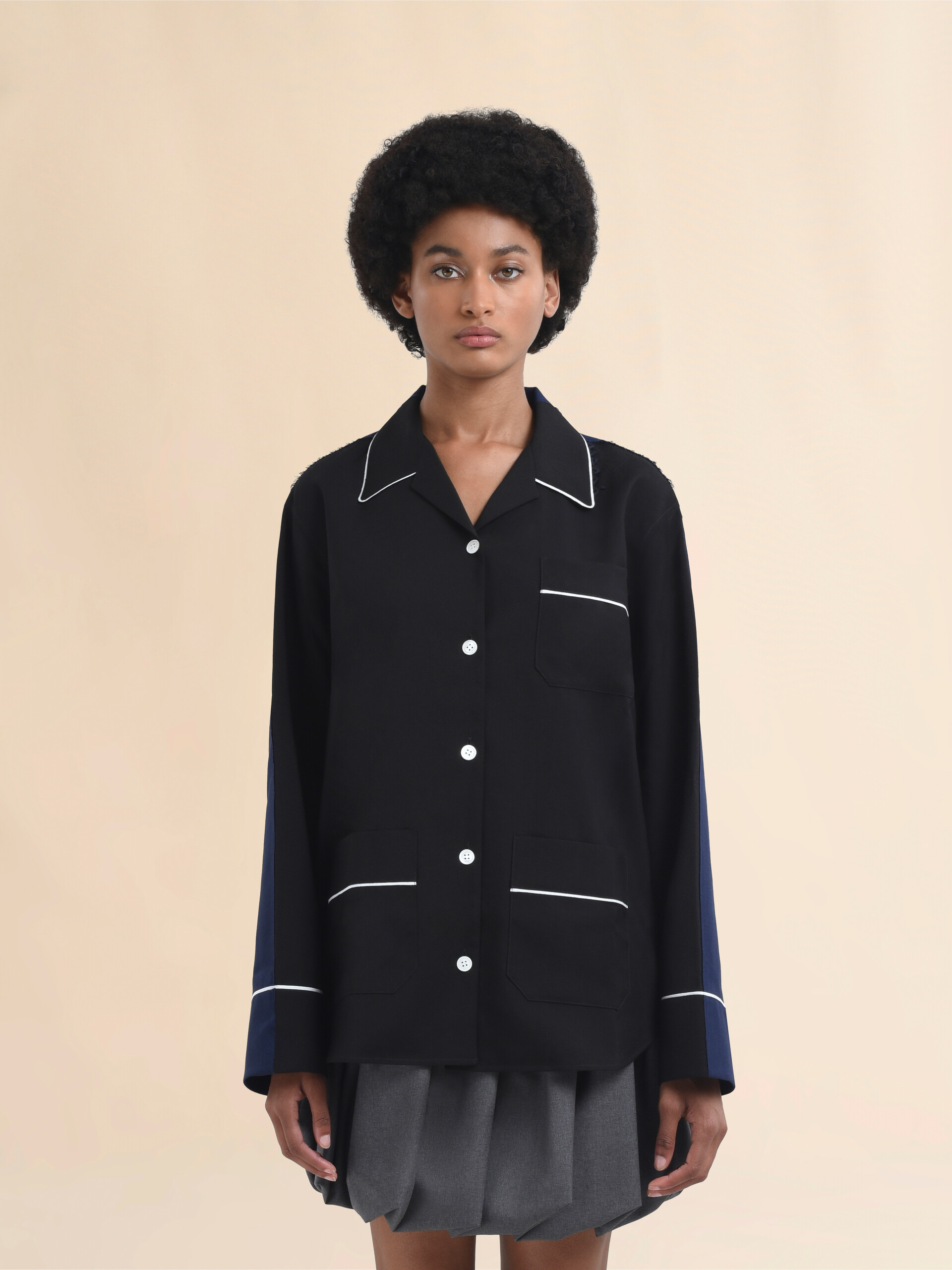 Black wool pyjama shirt with contrasting back - Shirts - Image 2