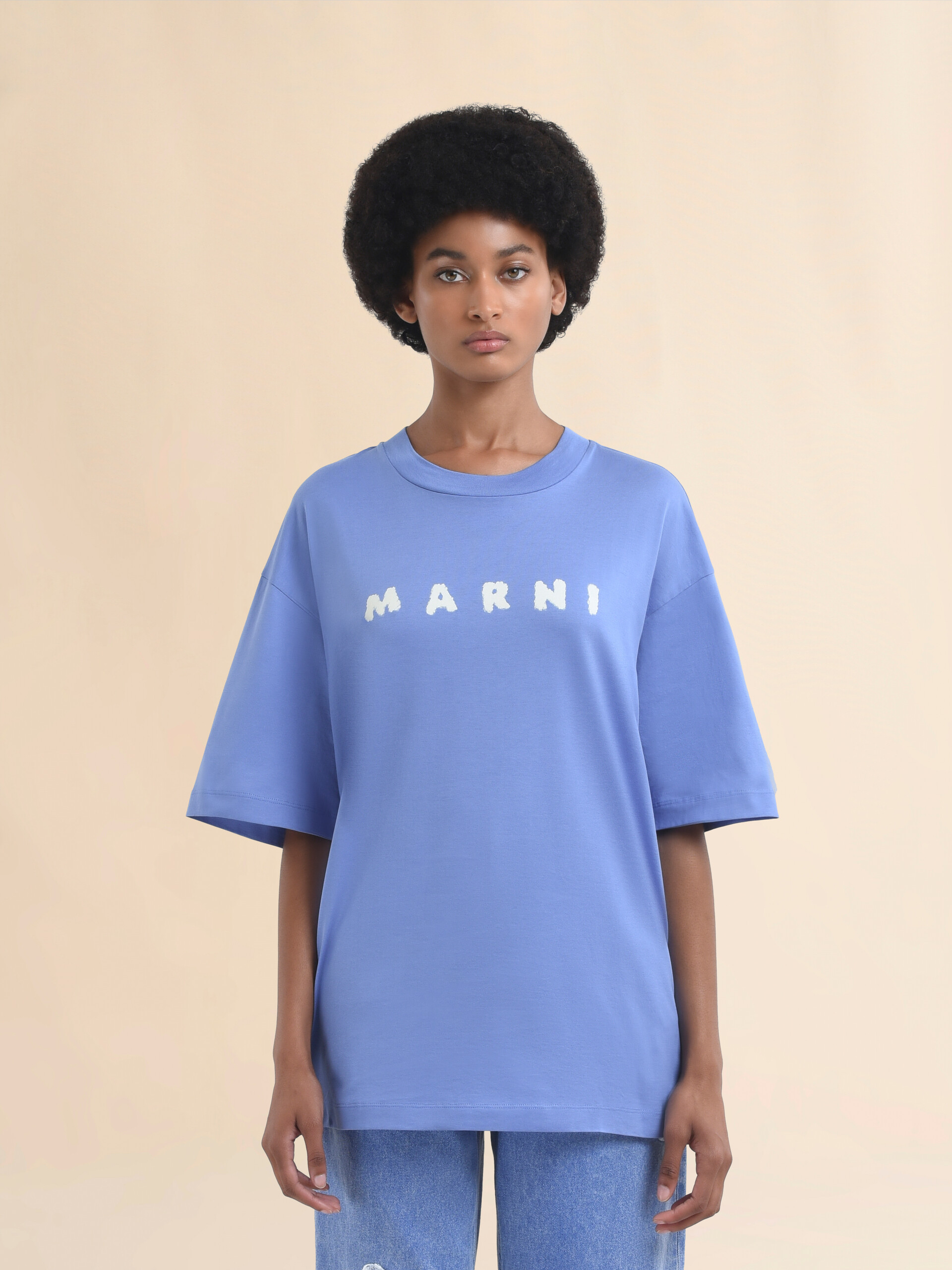 Light blue jersey cotton T-shirt with Marni Scribbled logo - T-shirts - Image 2