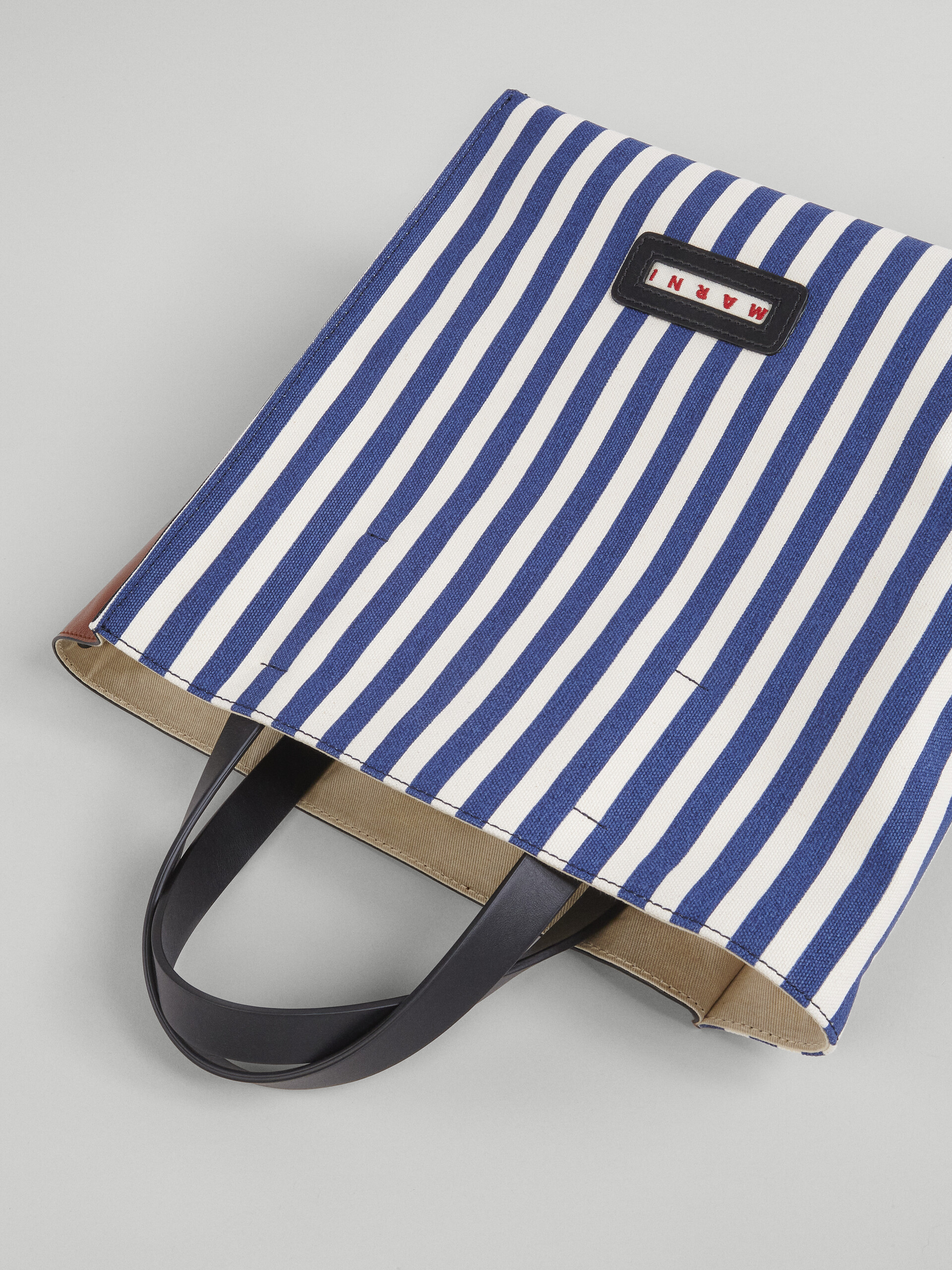 Blue striped canvas and brown calf MUSEO SOFT bag - Shopping Bags - Image 4