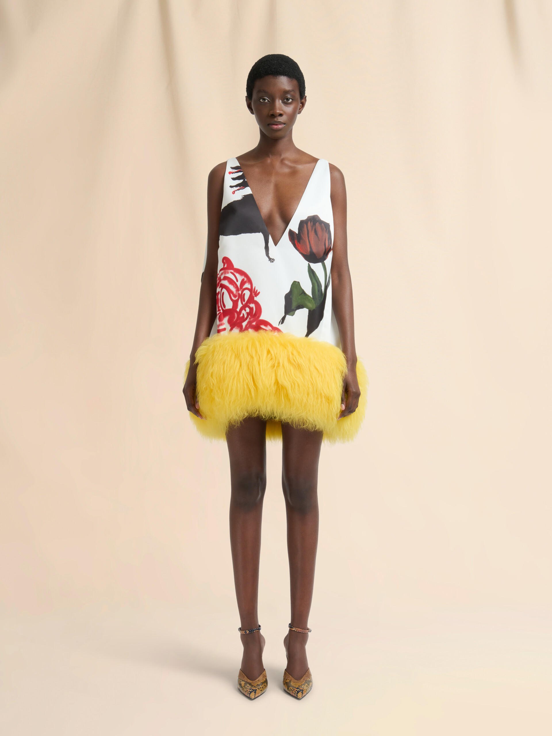 White satin mini dress with fur hem - Dresses - Image 2
