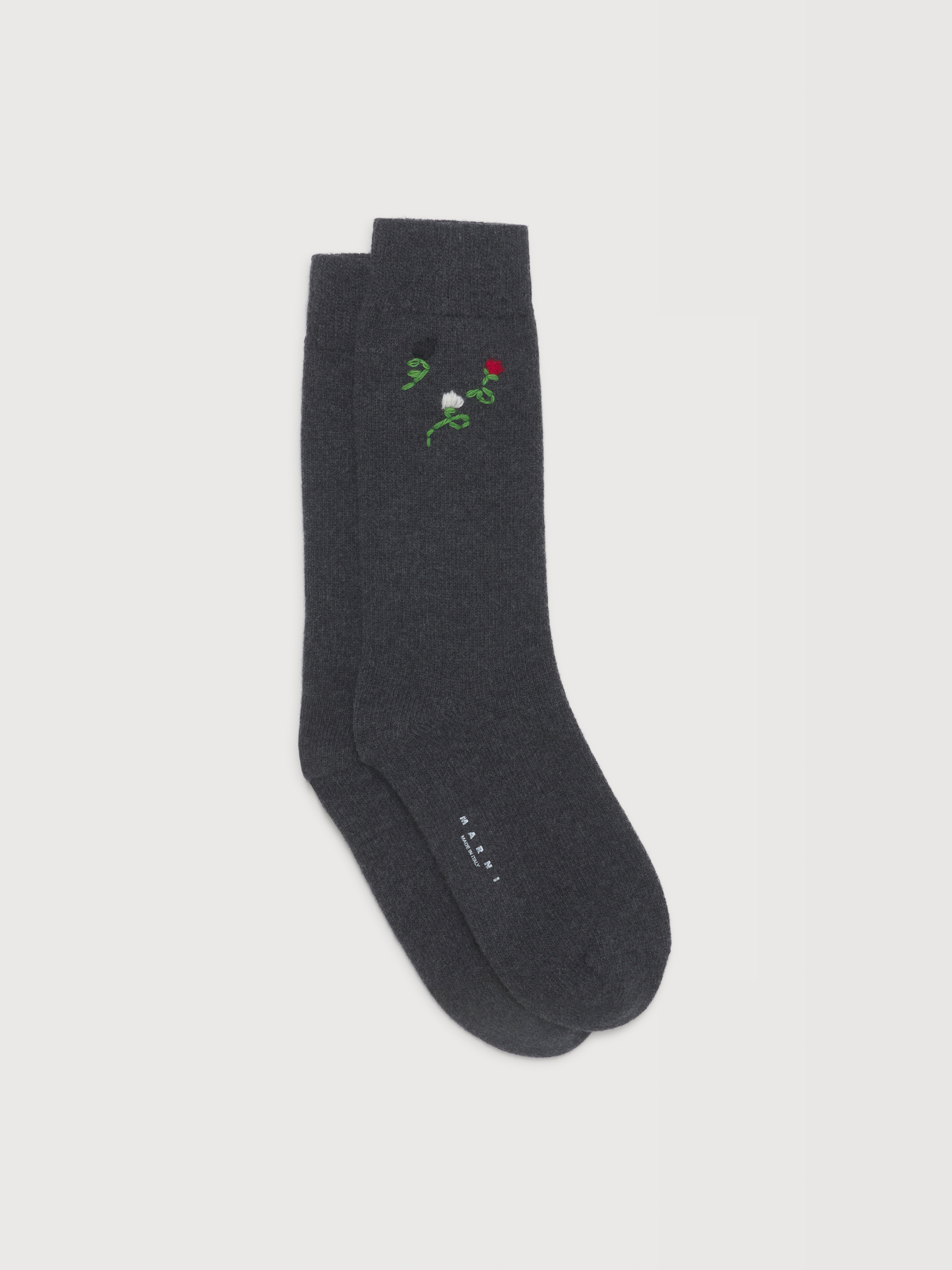 Grey wool-cashmere socks with flower embroidery - Socks - Image 1