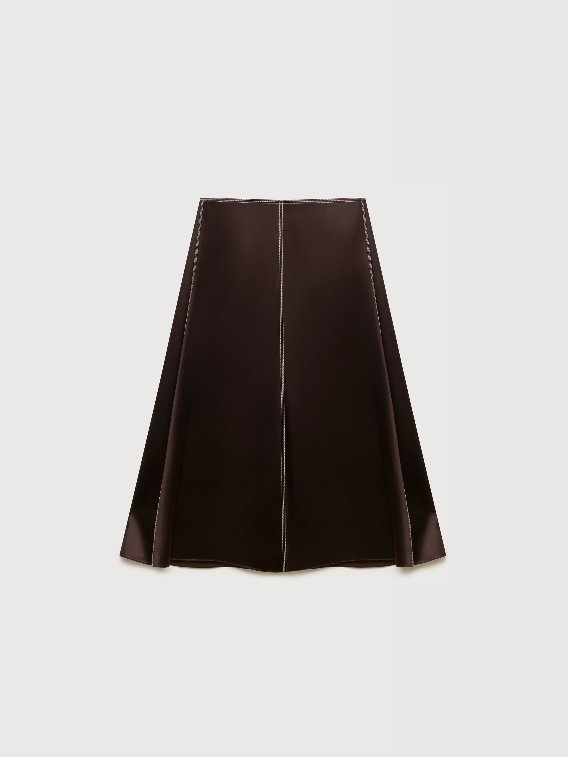 Deep brown satin midi skirt with contrast stitching - Skirts - Image 1