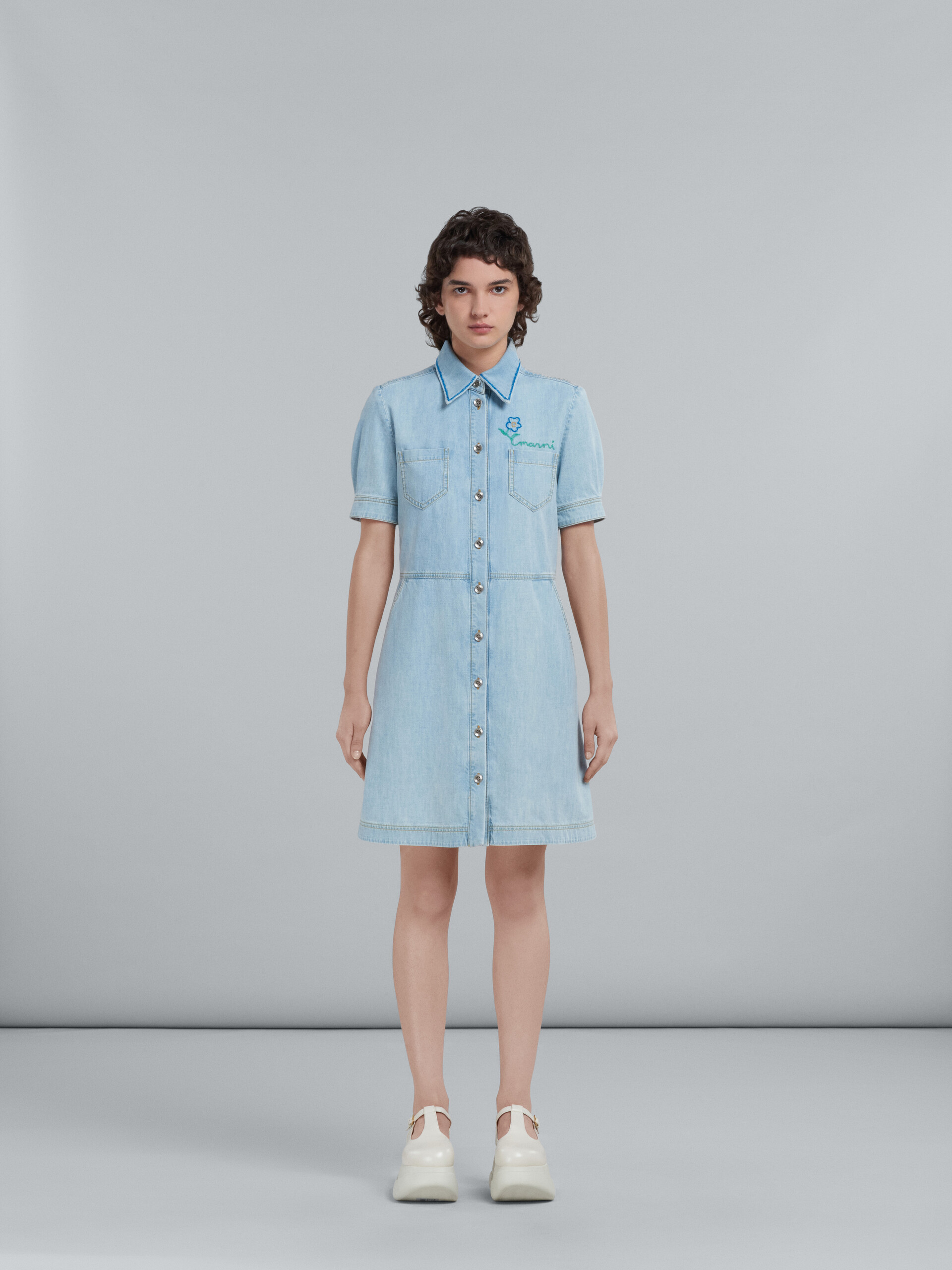 Light blue chambray dress with embroidery - Dresses - Image 2