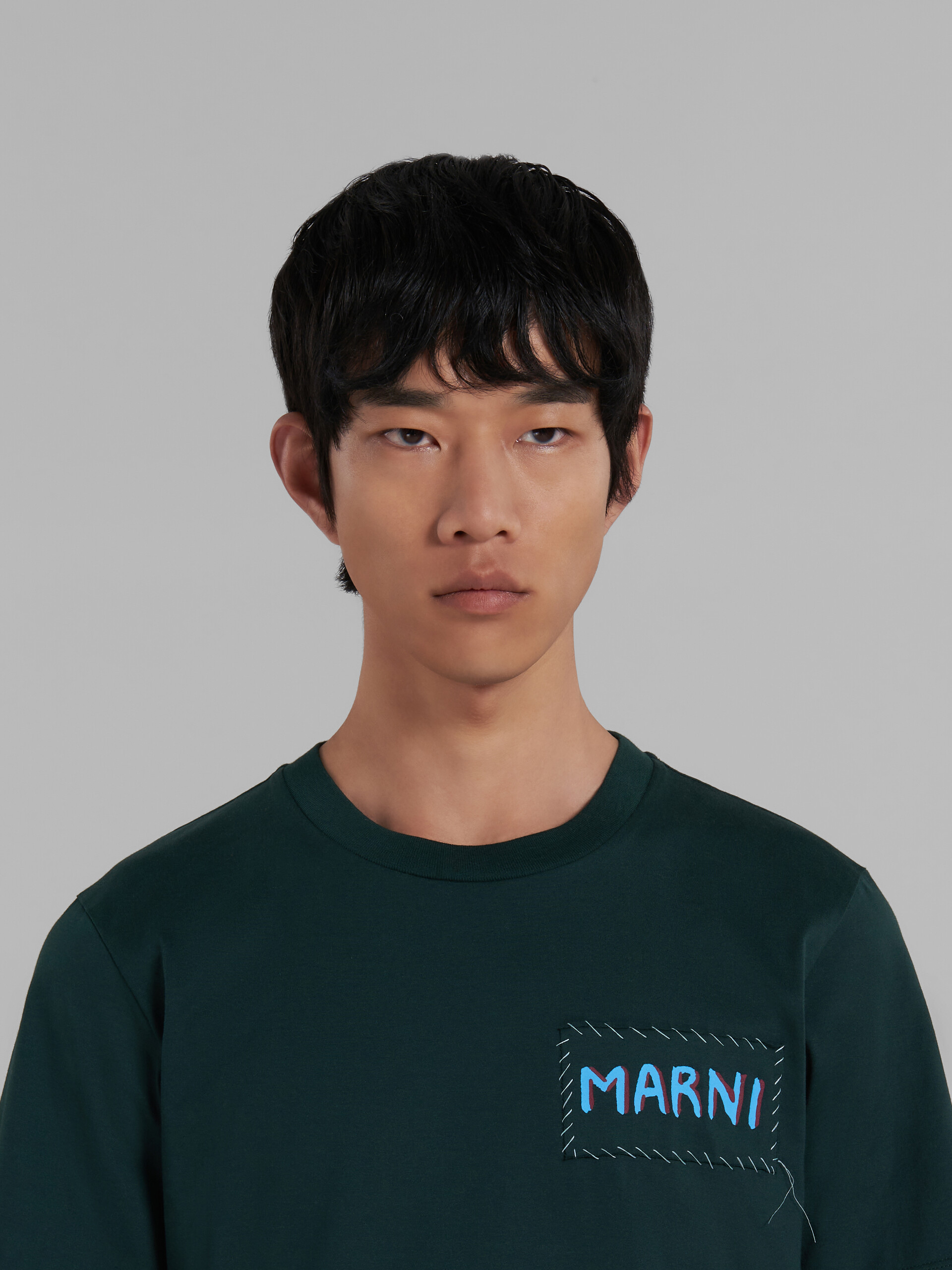 Green organic cotton T-shirt with Marni patch | Marni