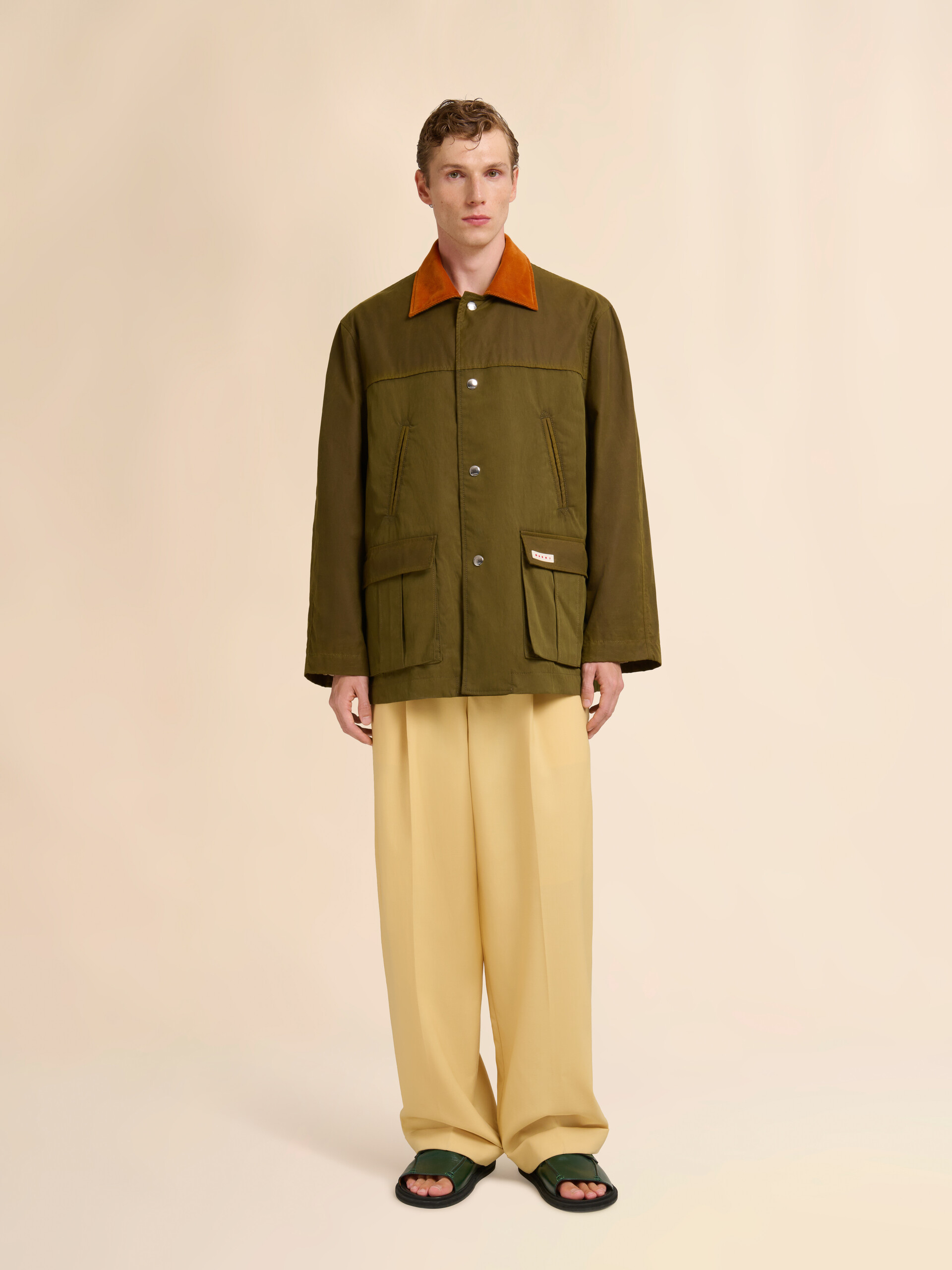 Green gabardine jacket with corduroy collar - Coats - Image 2