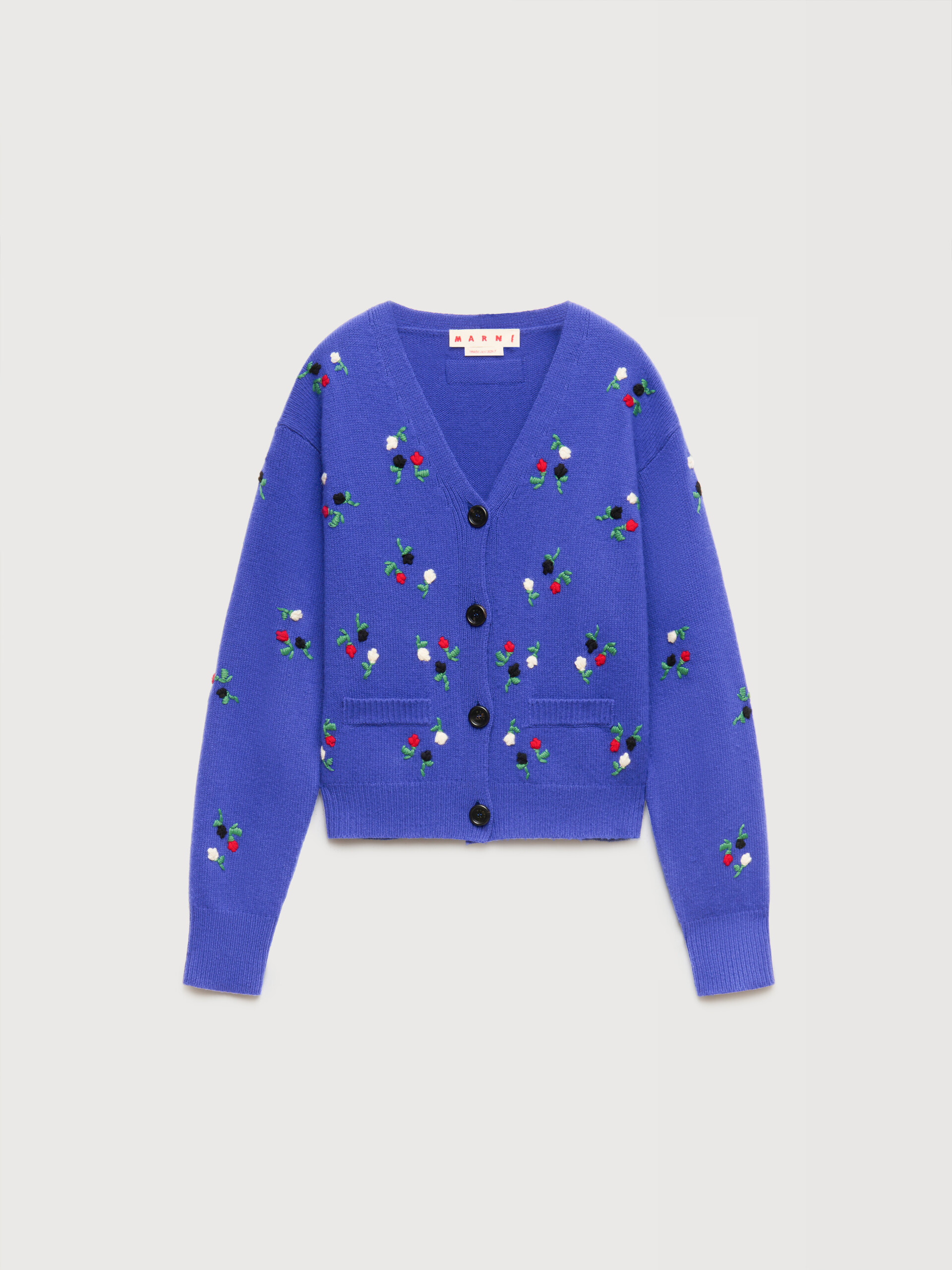 Blue wool-cashmere cardigan with flower embroidery - Pullovers - Image 1