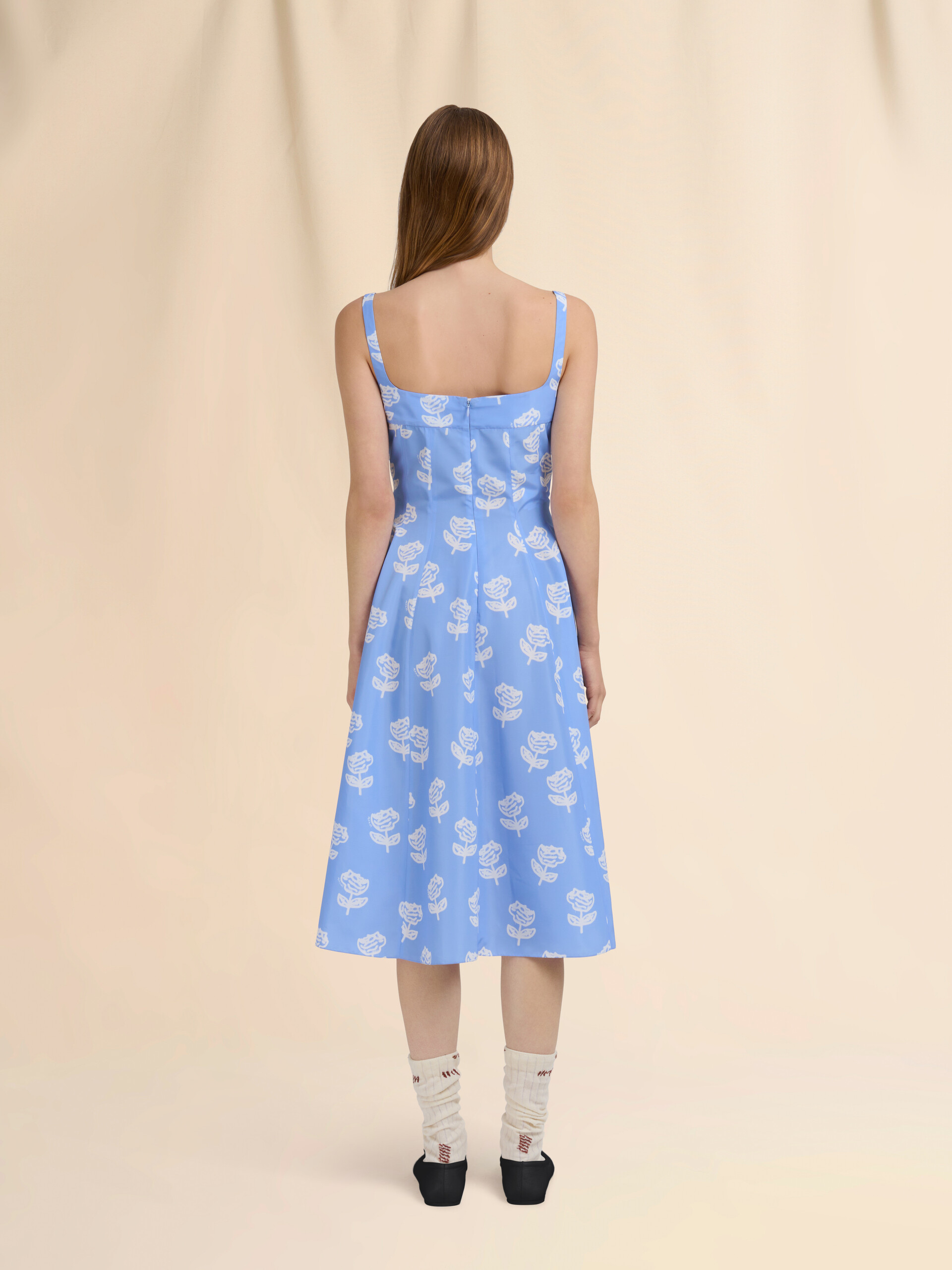 Light blue poplin flared dress with Sprayed Roses print - Dresses - Image 3