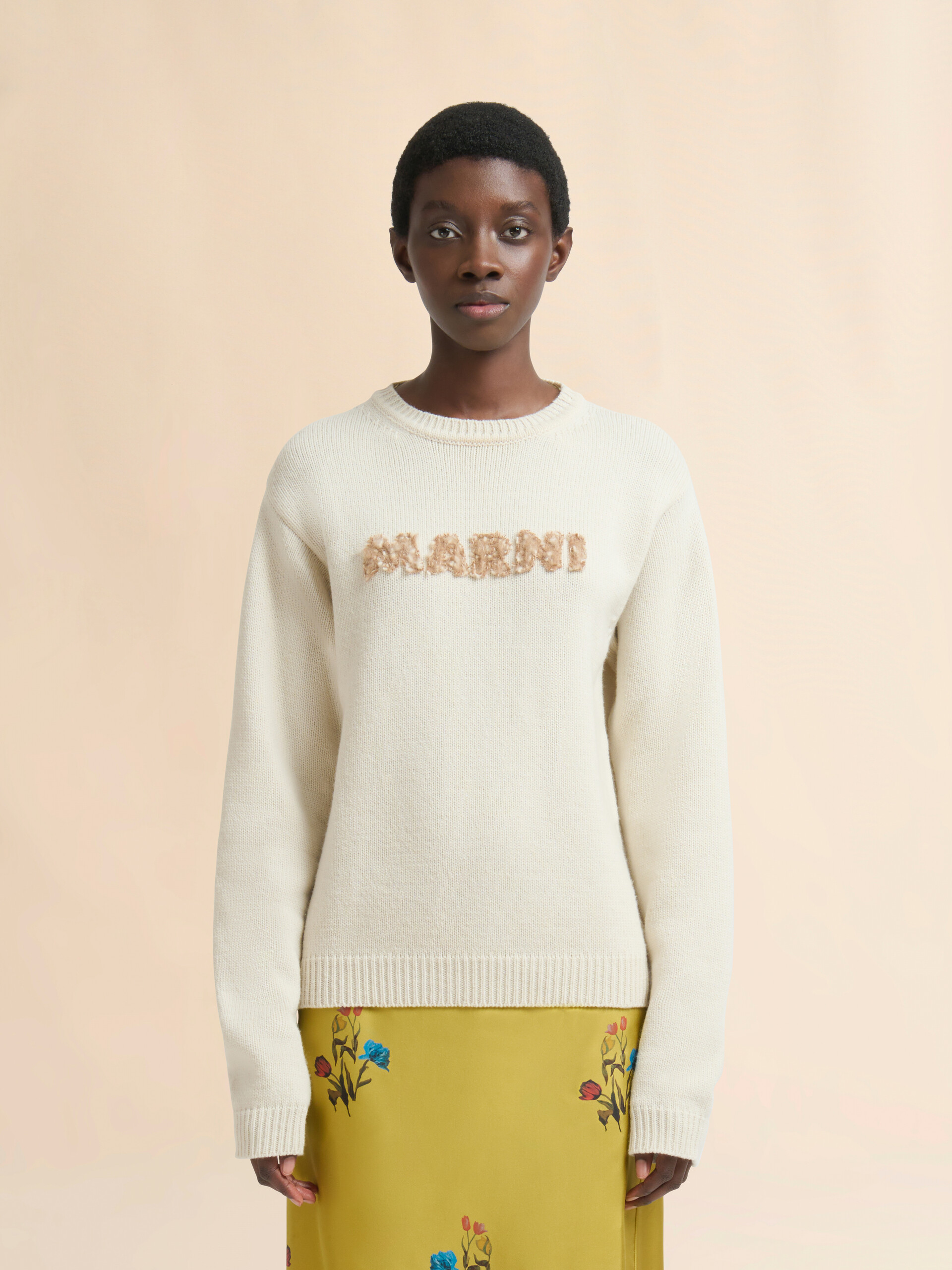 Cream wool jumper with laser-cut Marni logo - Pullovers - Image 2