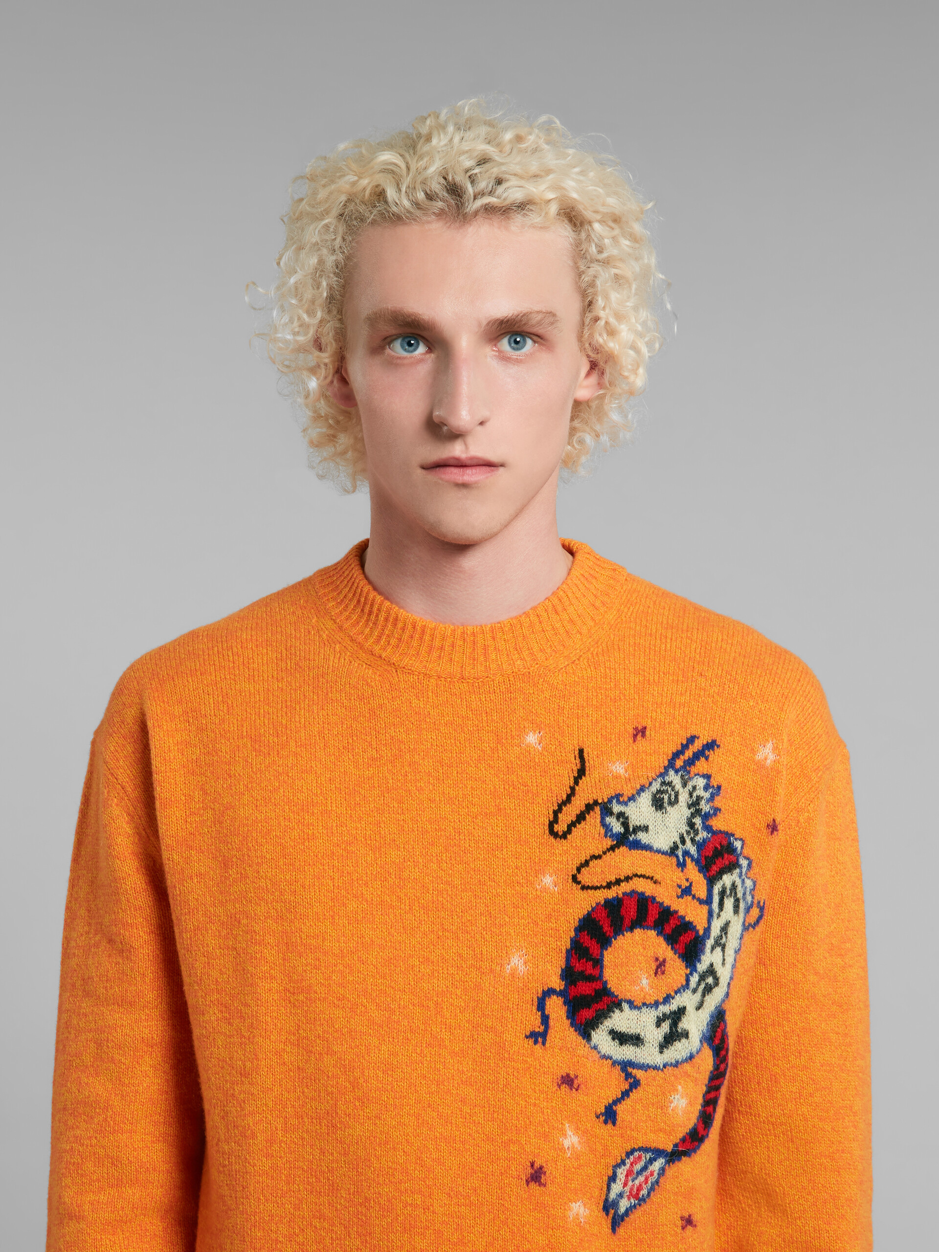 Orange wool jumper with jacquard dragon - Pullovers - Image 4