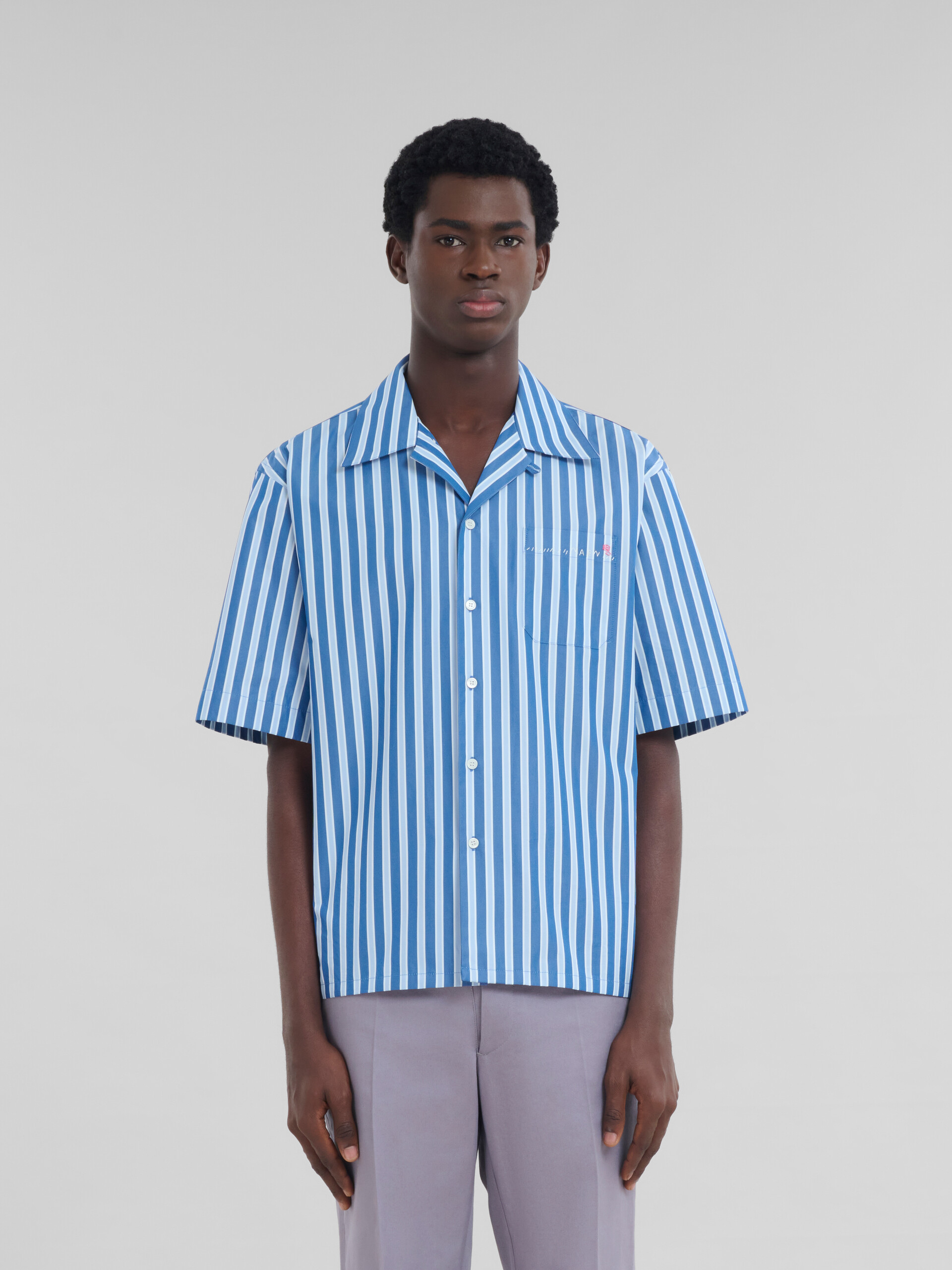 Blue striped organic poplin bowling shirt - Shirts - Image 2