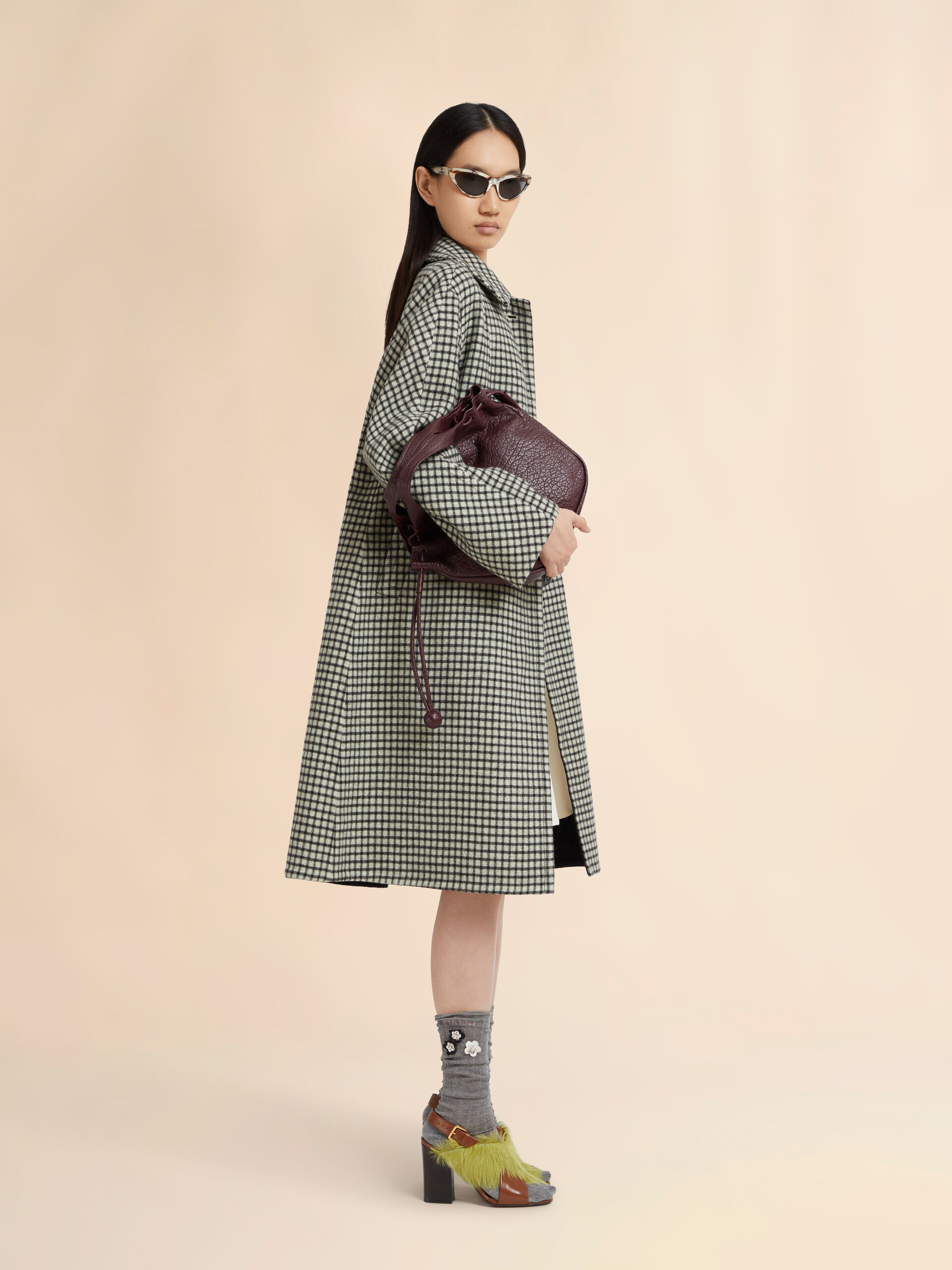 Beige felt coat with checked pattern - Coats - Image 6