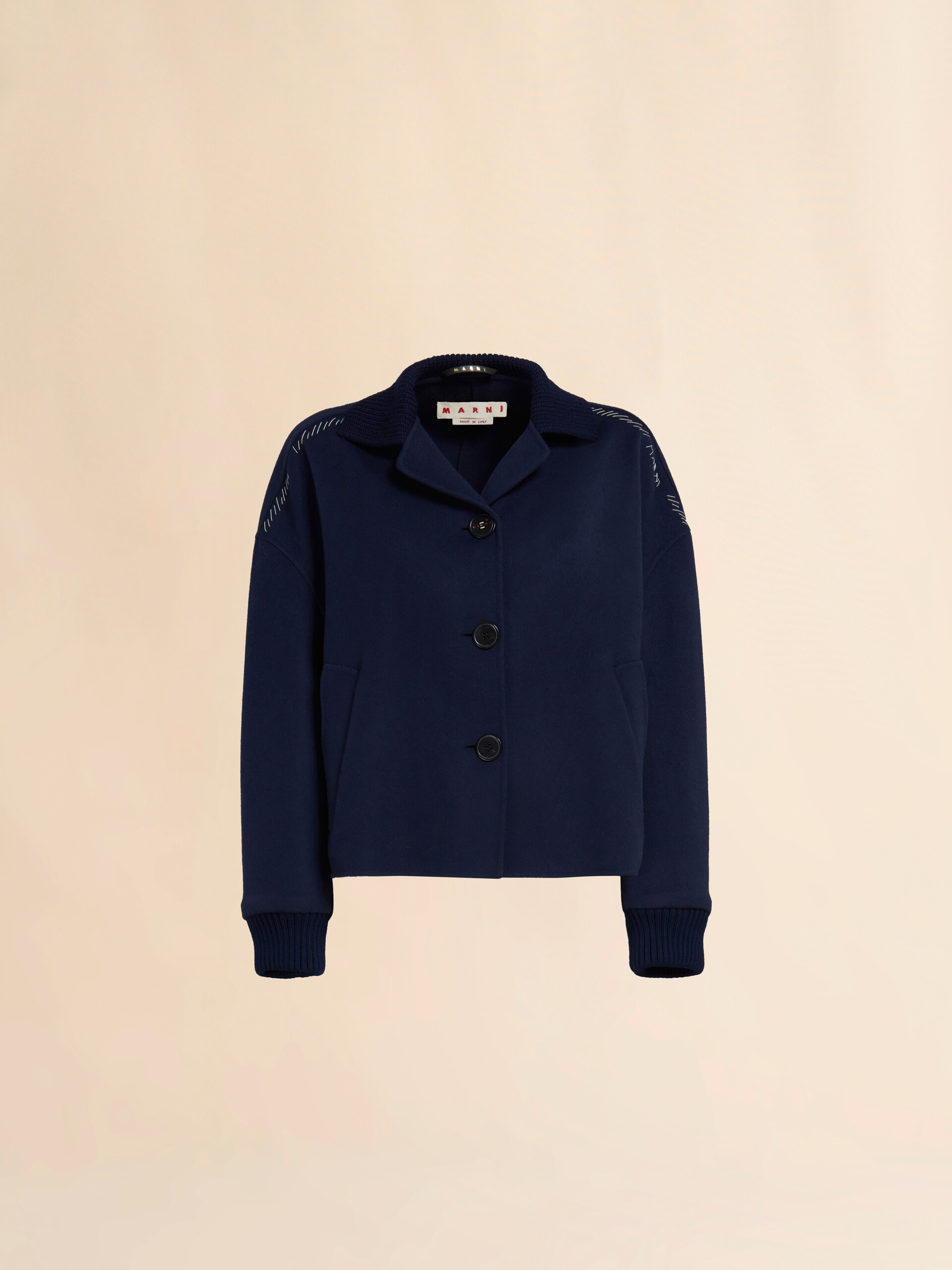 Deep blue wool and cashmere jacket with knit trims - Jackets - Image 1