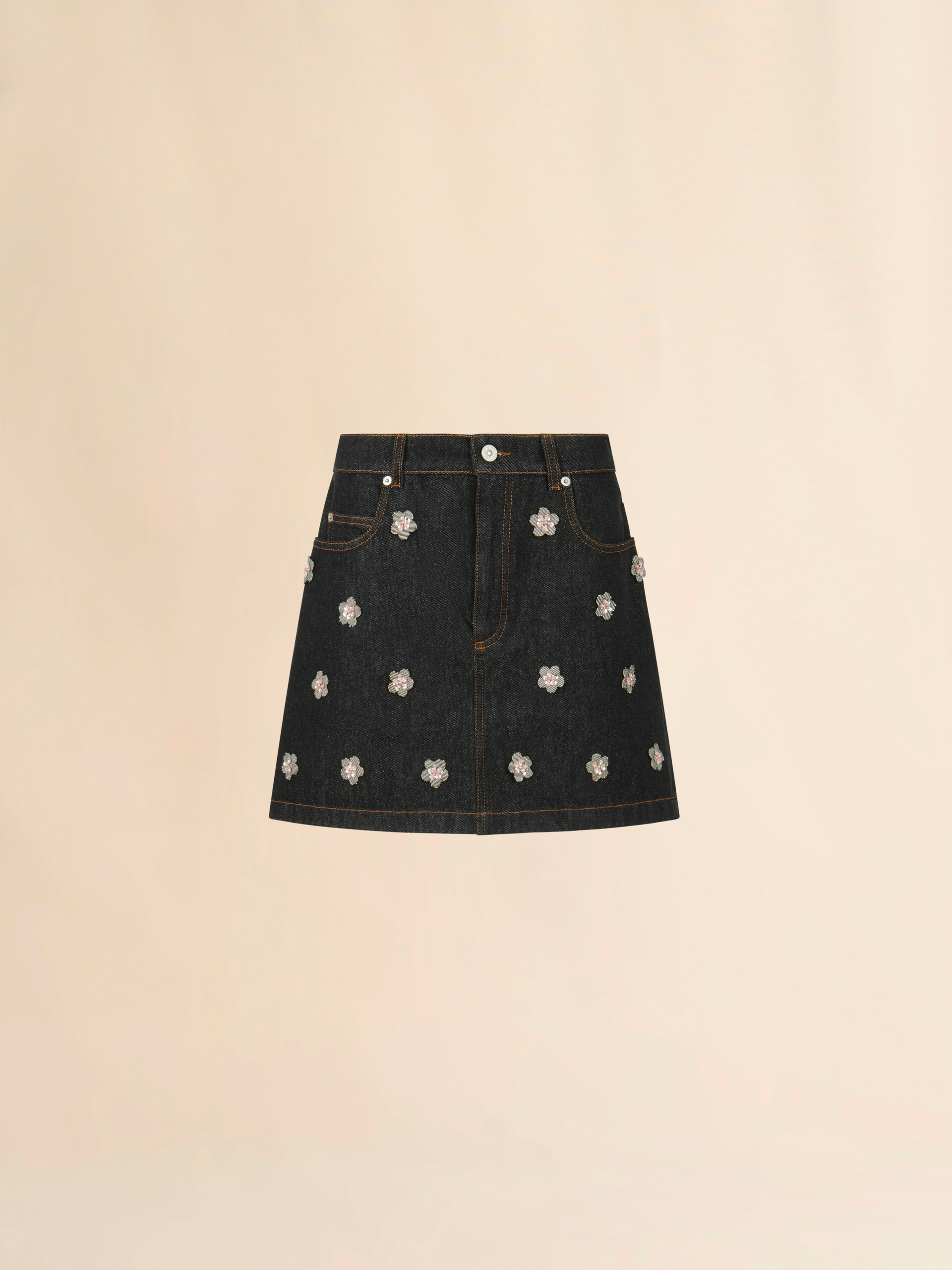 Black denim skirt with daisy appliqués - Skirts - Image 1