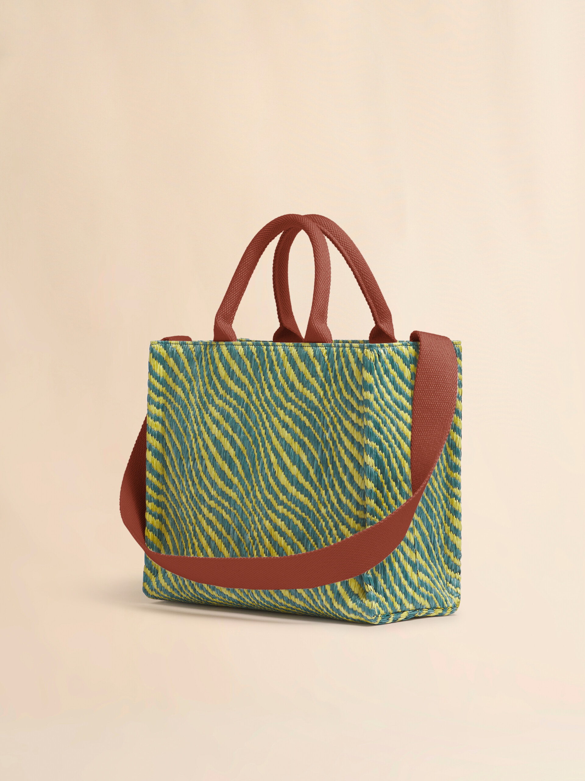 ブルー 波模様のラフィアエフェクト スモールトートバッグ - ショッピングバッグ - Image 3