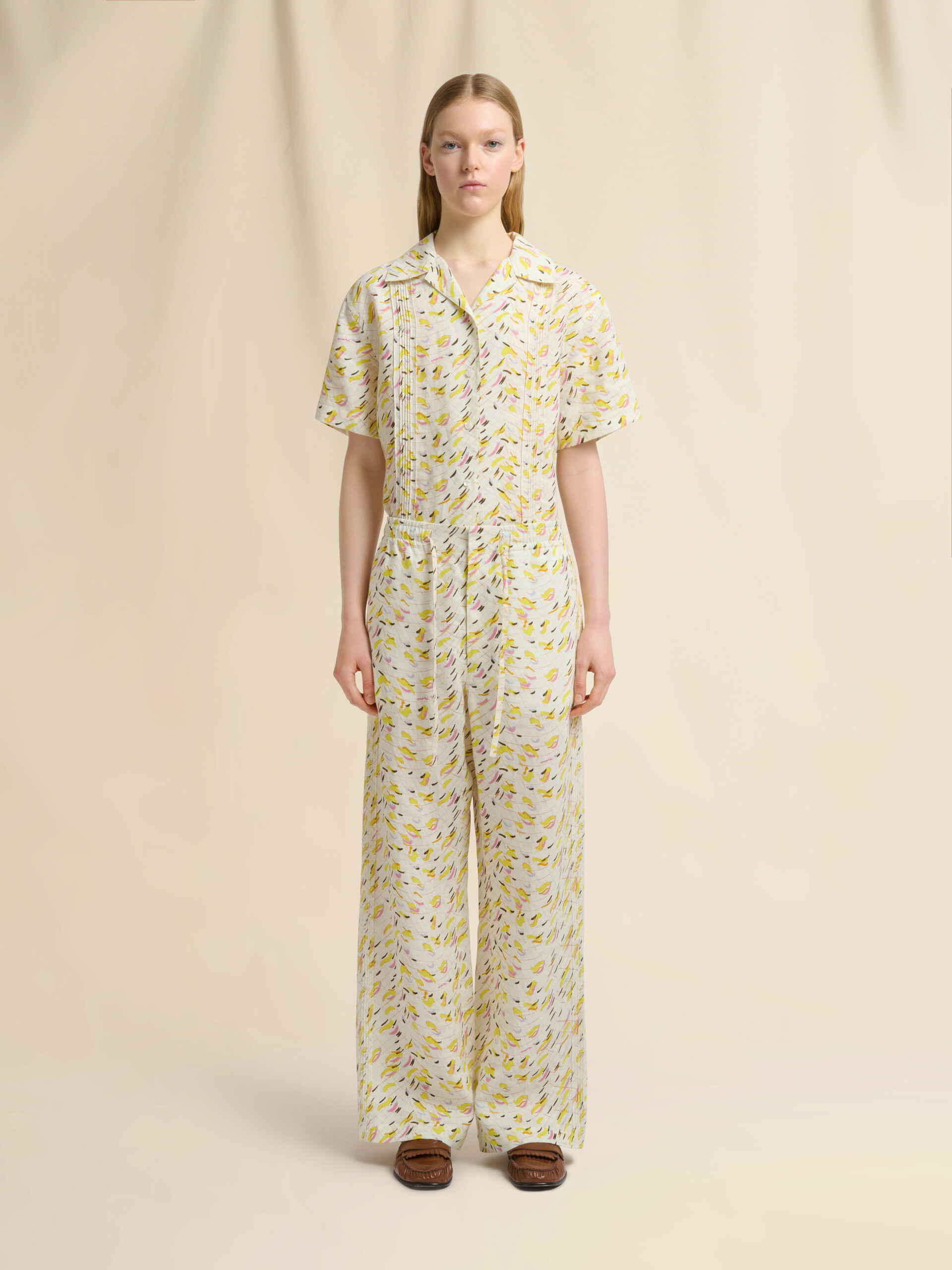 Yellow linen trousers with Brushstroke Wave print - Pants - Image 2