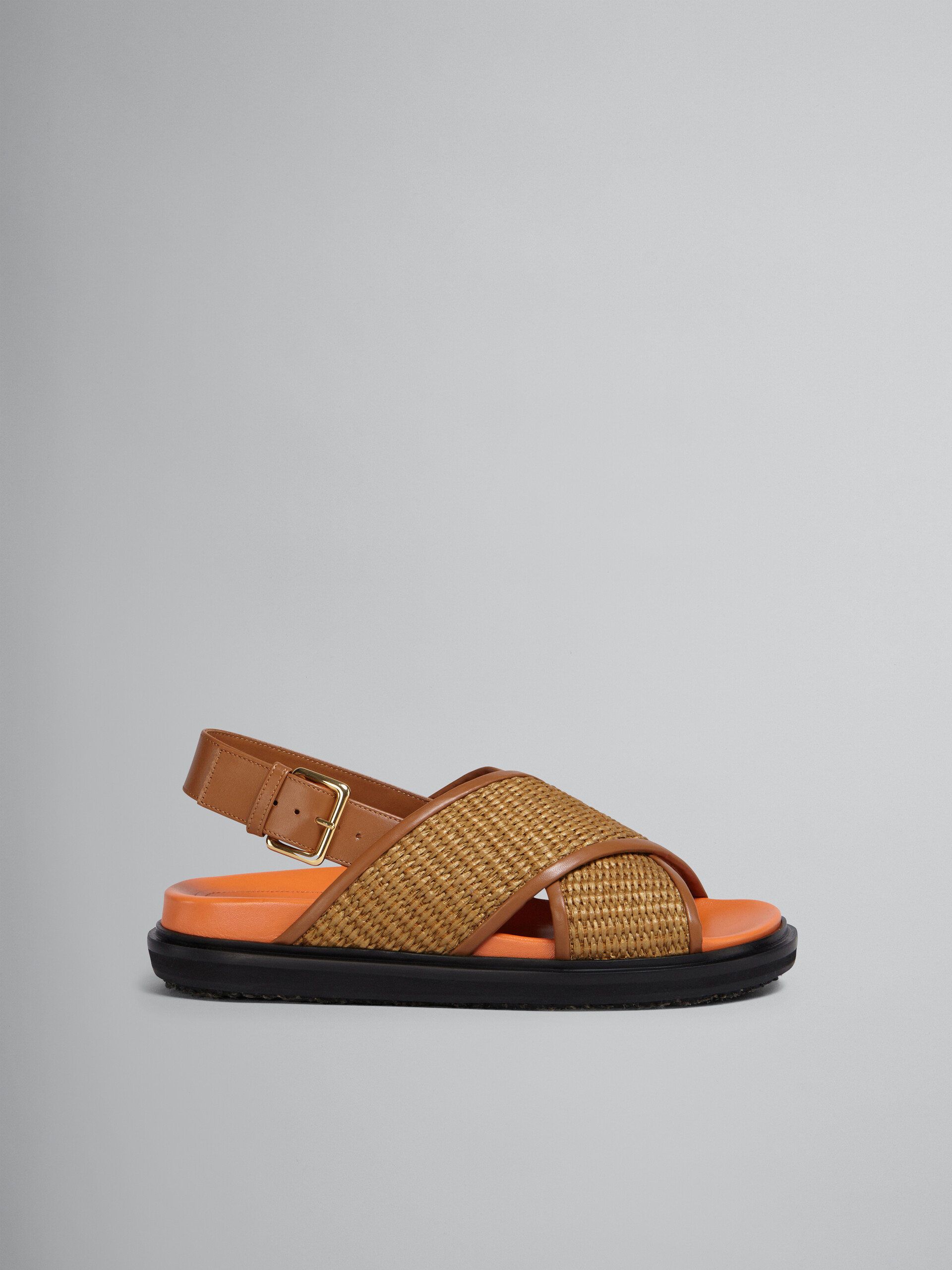 Fussbet sandals in brown leather and raffia-effect fabric - Sandals - Image 1
