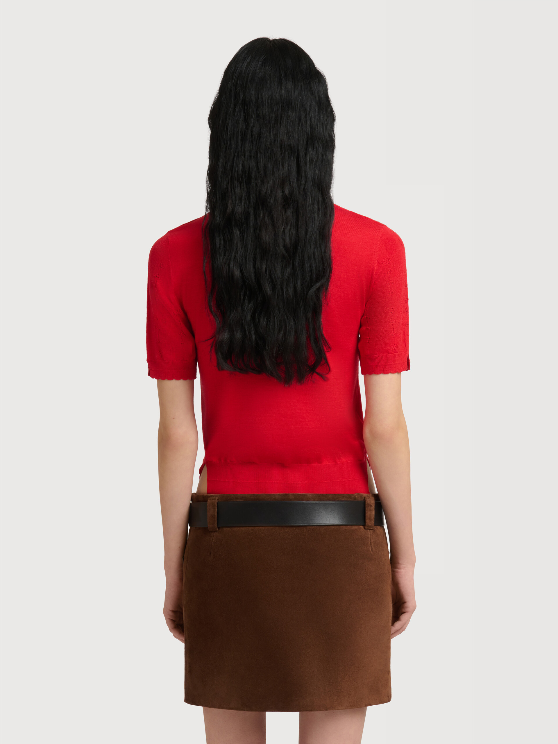 Red wool-silk polo shirt with pointelle detailing - Shirts - Image 4