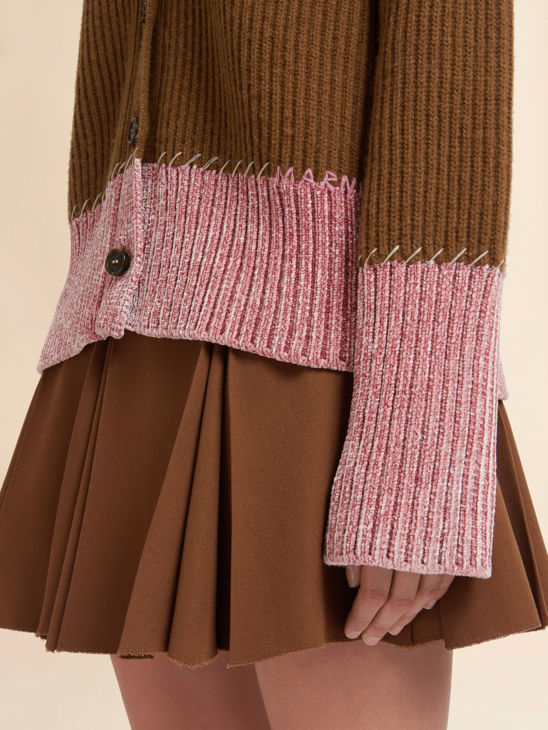 Brown wool colour-block cardigan - Pullovers - Image 4