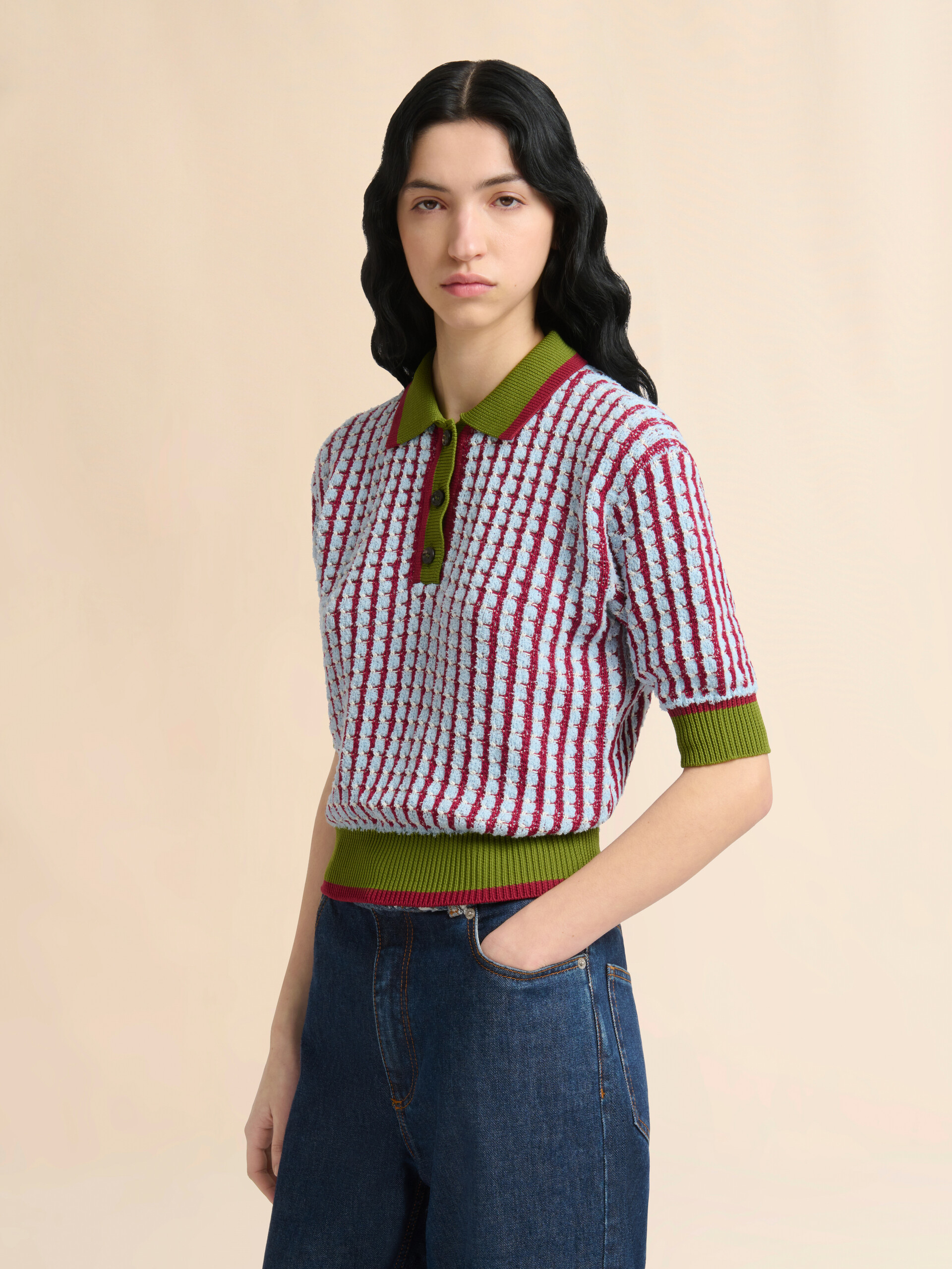 Blue and burgundy boucl&eacute; tweed-effect polo shirt - Shirts - Image 3