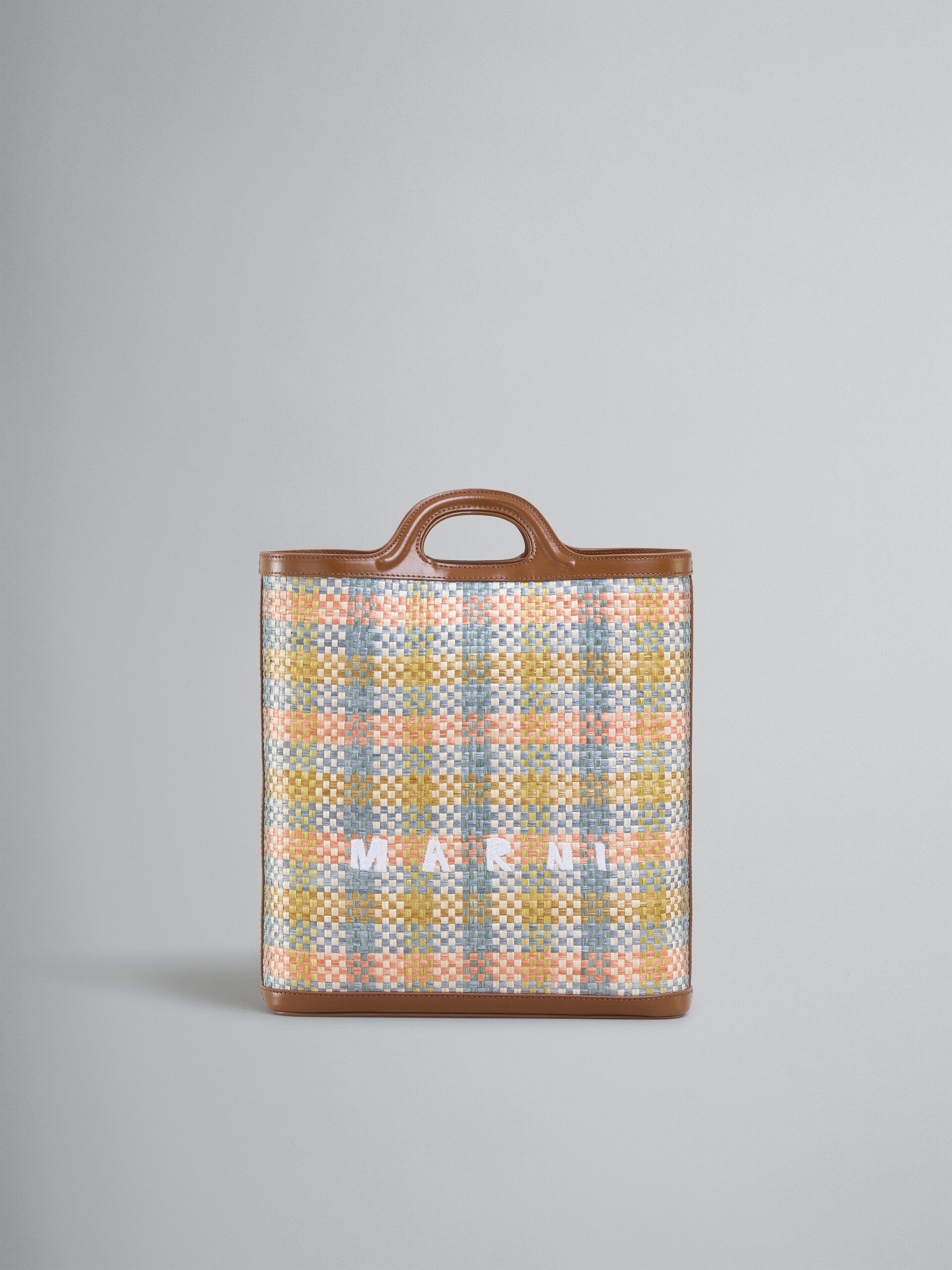 Tropicalia crossbody bag in brown leather and checked raffia-effect fabric - Shoulder Bags - Image 1