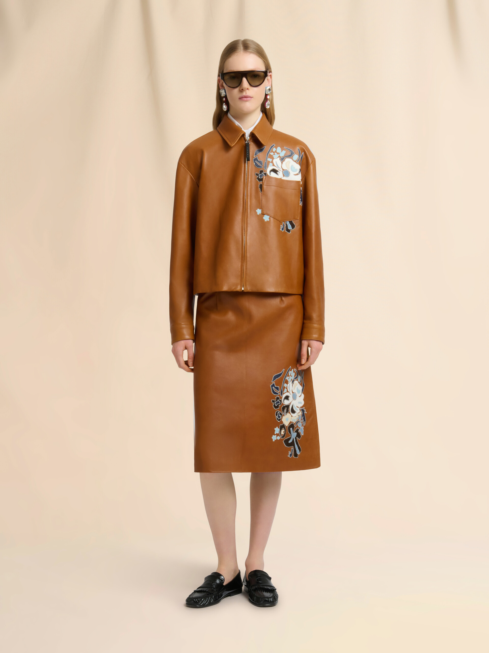 Brown leather overshirt with flower intarsia - Shirts - Image 2