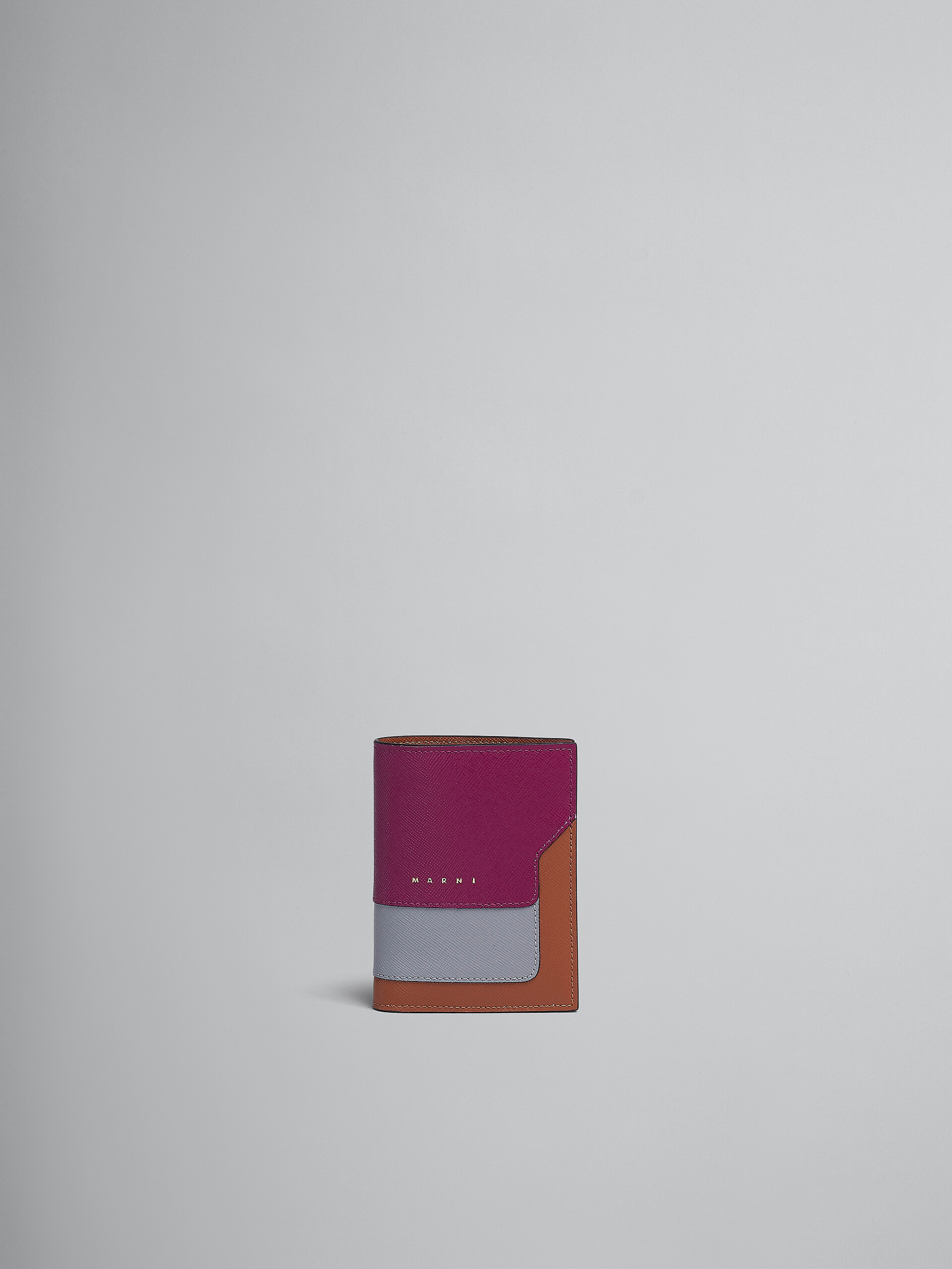Portafoglio bi-fold in saffiano viola grigio e marrone - Portafogli - Image 1