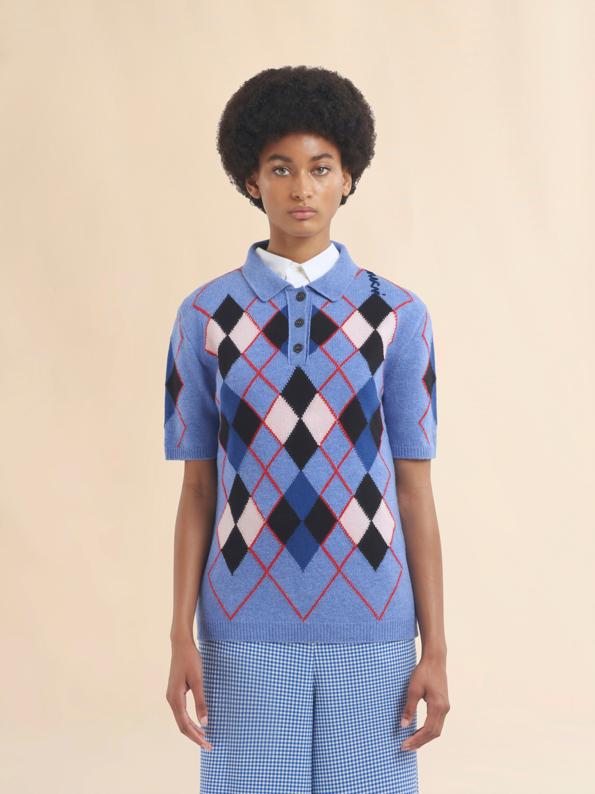 Light blue Argyle wool polo shirt - Shirts - Image 2
